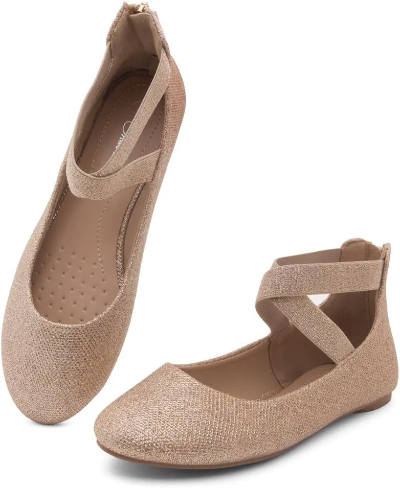 Shoe Land Women's Flats  Dressy & Casual Almond Toe Flat Shoes with Elastic Ankle Strap, Comfortable Slip-On Ballet Flats for Work, Office & Special Occasions