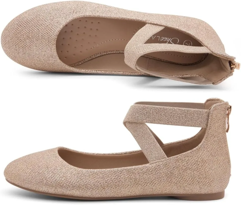 Shoe Land Women's Flats  Dressy & Casual Almond Toe Flat Shoes with Elastic Ankle Strap, Comfortable Slip-On Ballet Flats for Work, Office & Special Occasions