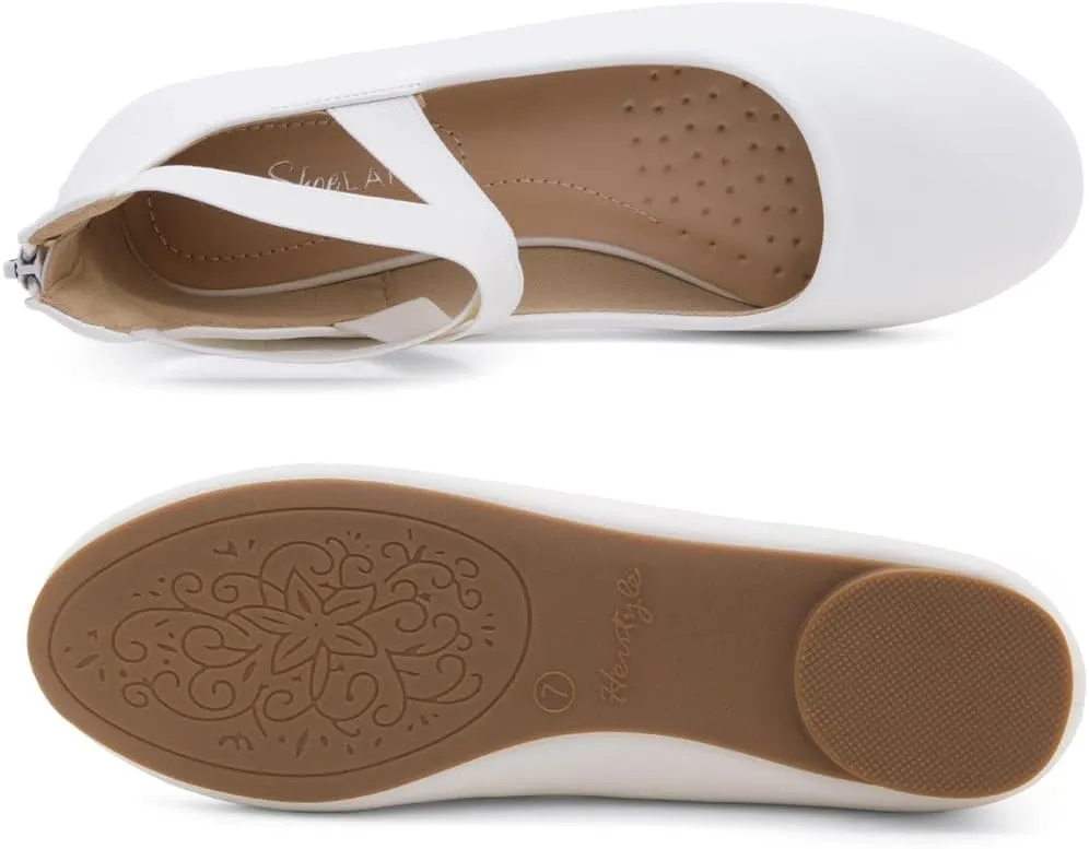 Shoe Land Women's Flats  Dressy & Casual Almond Toe Flat Shoes with Elastic Ankle Strap, Comfortable Slip-On Ballet Flats for Work, Office & Special Occasions