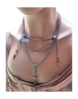 Silver Steel Layered Chain Gothic Bib Necklace with Spike and Bead Pendants