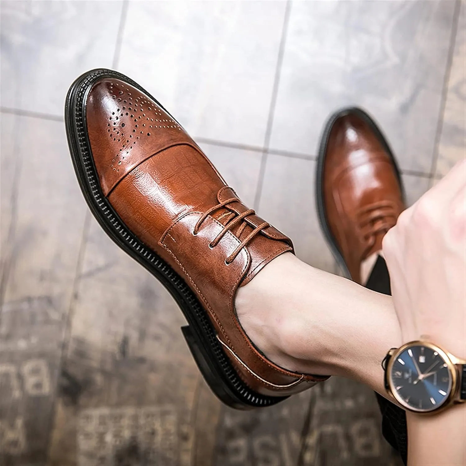 Single Season Dress Oxford for Men Lace Up Brogue Embossed Burnished Round Toe Vegan Leather Non Slip Low Top Slip Resistant Anti-Slip Rubber Sole Wedding Very Popular Among Young People