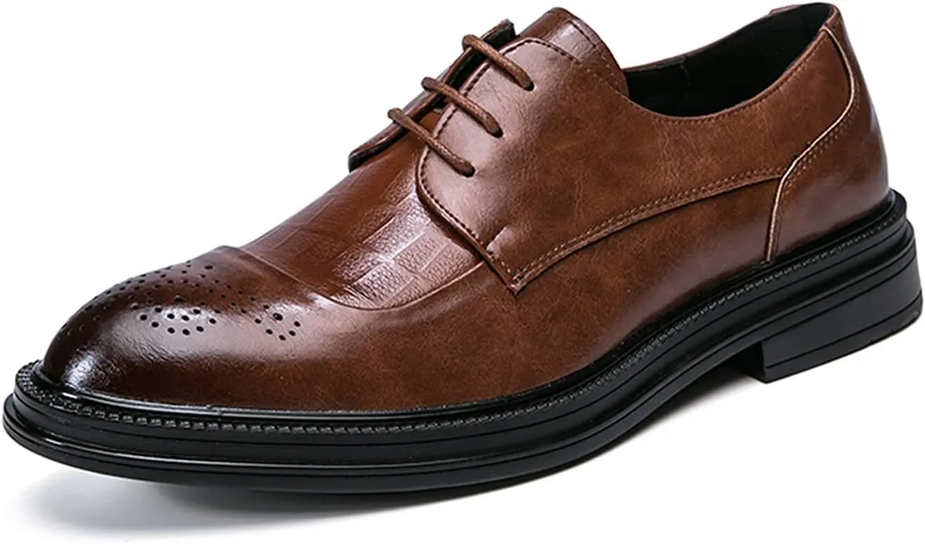 Single Season Dress Oxford for Men Lace Up Brogue Embossed Burnished Round Toe Vegan Leather Non Slip Low Top Slip Resistant Anti-Slip Rubber Sole Wedding Very Popular Among Young People