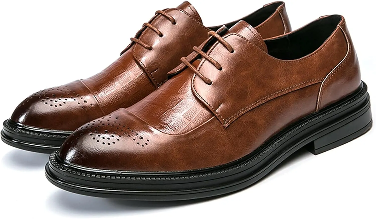 Single Season Dress Oxford for Men Lace Up Brogue Embossed Burnished Round Toe Vegan Leather Non Slip Low Top Slip Resistant Anti-Slip Rubber Sole Wedding Very Popular Among Young People