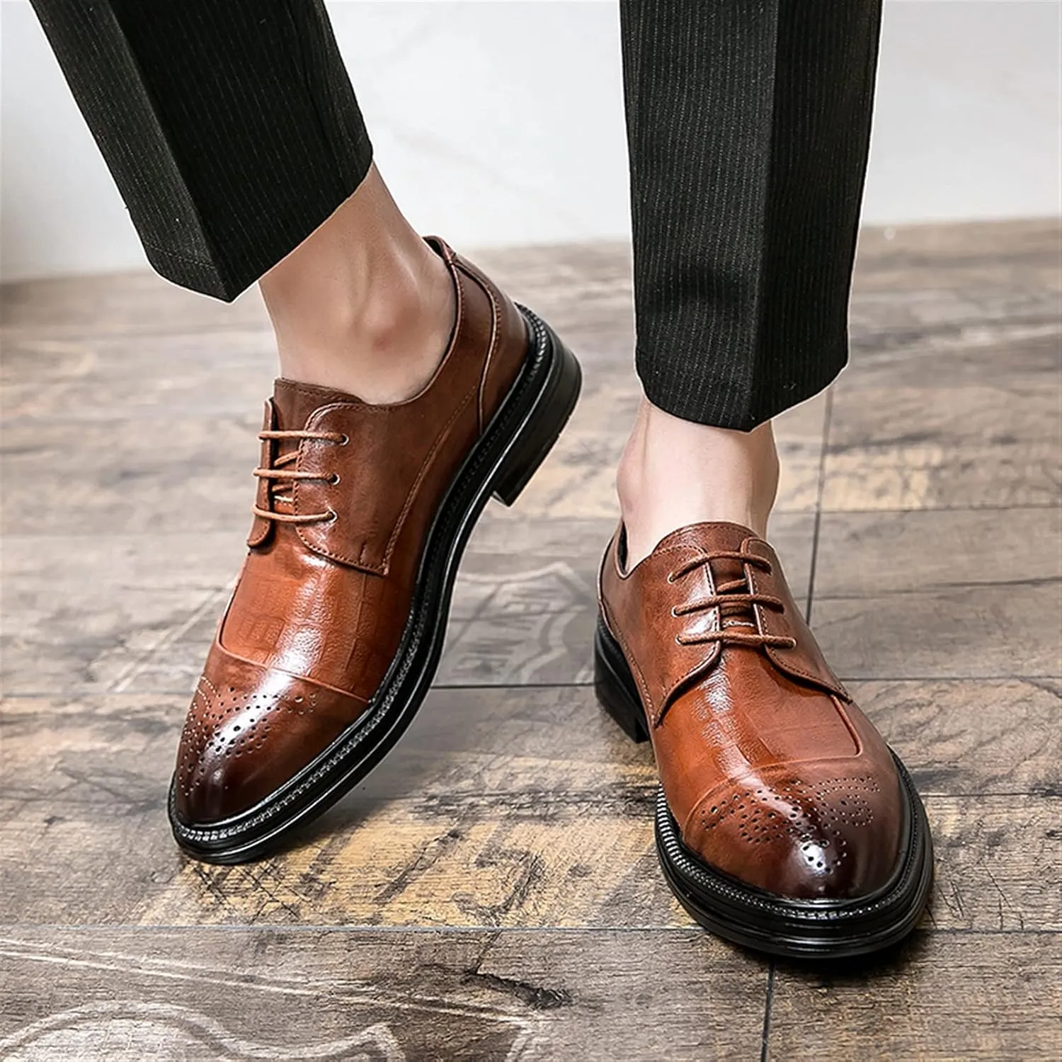 Single Season Dress Oxford for Men Lace Up Brogue Embossed Burnished Round Toe Vegan Leather Non Slip Low Top Slip Resistant Anti-Slip Rubber Sole Wedding Very Popular Among Young People