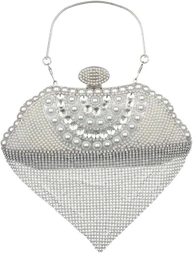 Sither Rhinestone Tassel Handbag Purses for Women Evening Handbag Purses Crystal Heart Shape Clutch Purses Sparkly Clutches Shoulder Chain Bags for Party Prom Christmas Gift (silver)