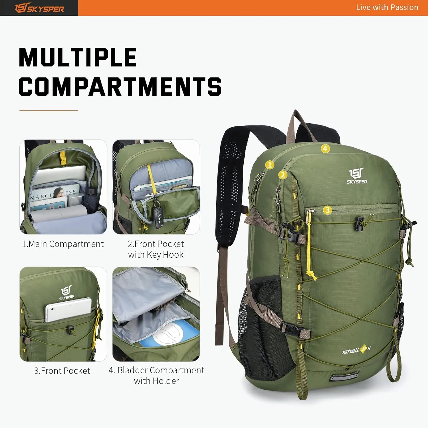 SKYSPER Packable Hiking Backpack 30L Lightweight Daypack Travel Backpacks for Women MenGreen