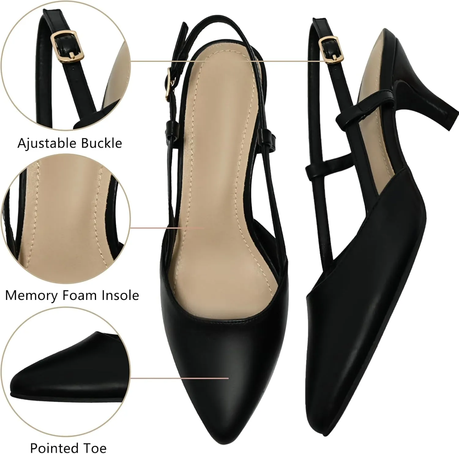 Slingback Low Kitten Heels for Women Closed Pointed Toe Ankle Strap Heels Slip On Pumps Shoes for Party Wedding Dress