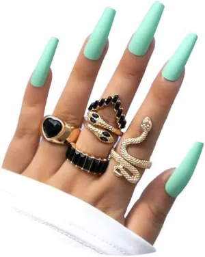 Snake Rings for Women,Gold Snake Knuckle Rings Boho Crystal Heart Stacking Finger Rings Set Vintage Snake Jewelry (Black)