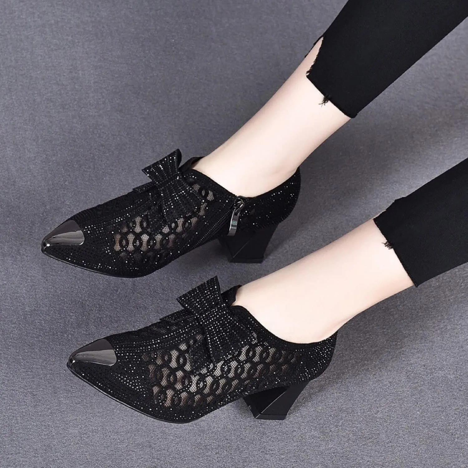 Sparkly Rhinestone Sandals for Women Trendy Bowknot Pointed Toe Net Yarn Hollow Side Zipper Chunky Heel Sandalias Comfy Breathable Casual Shoes