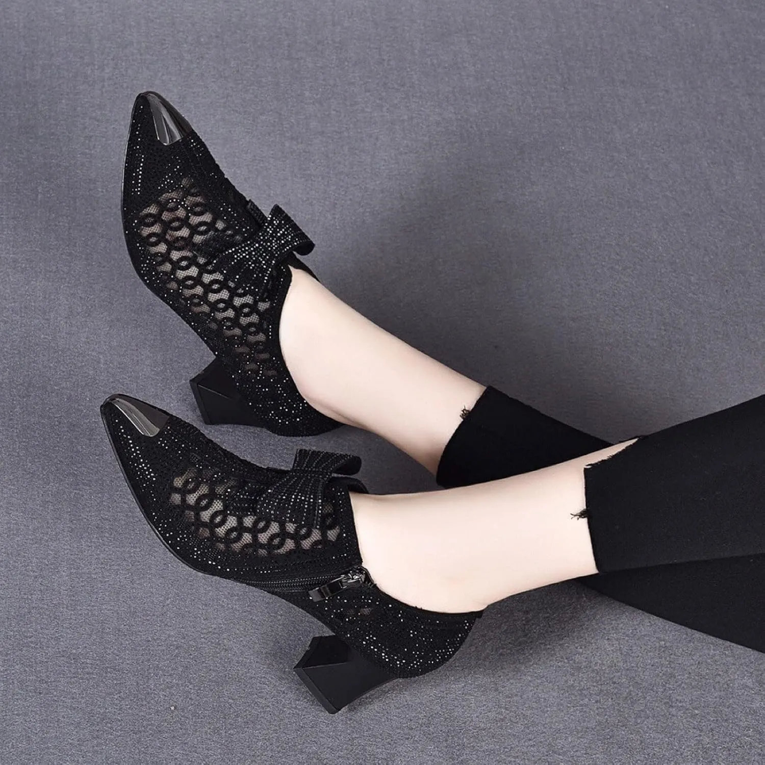 Sparkly Rhinestone Sandals for Women Trendy Bowknot Pointed Toe Net Yarn Hollow Side Zipper Chunky Heel Sandalias Comfy Breathable Casual Shoes