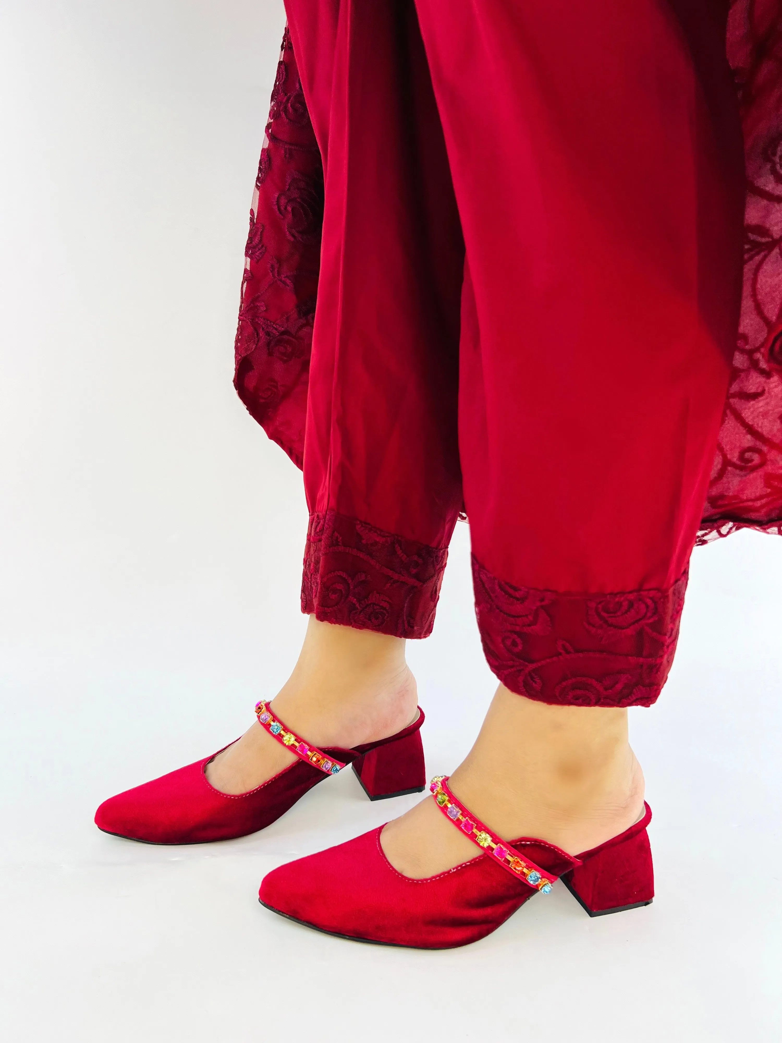 Spunkz Gemstone Straps Women Maroon Velvet Mules for Winter