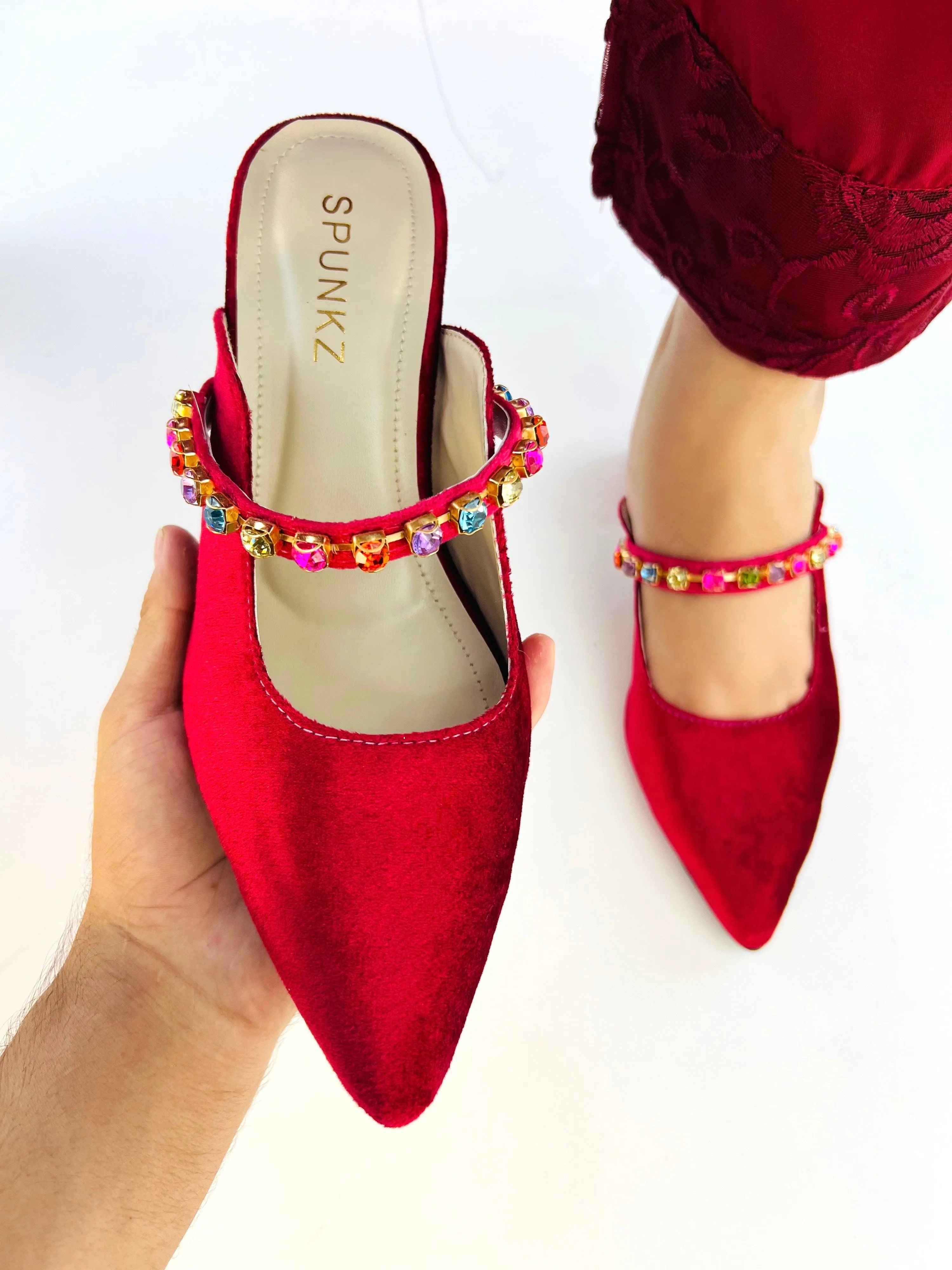 Spunkz Gemstone Straps Women Maroon Velvet Mules for Winter