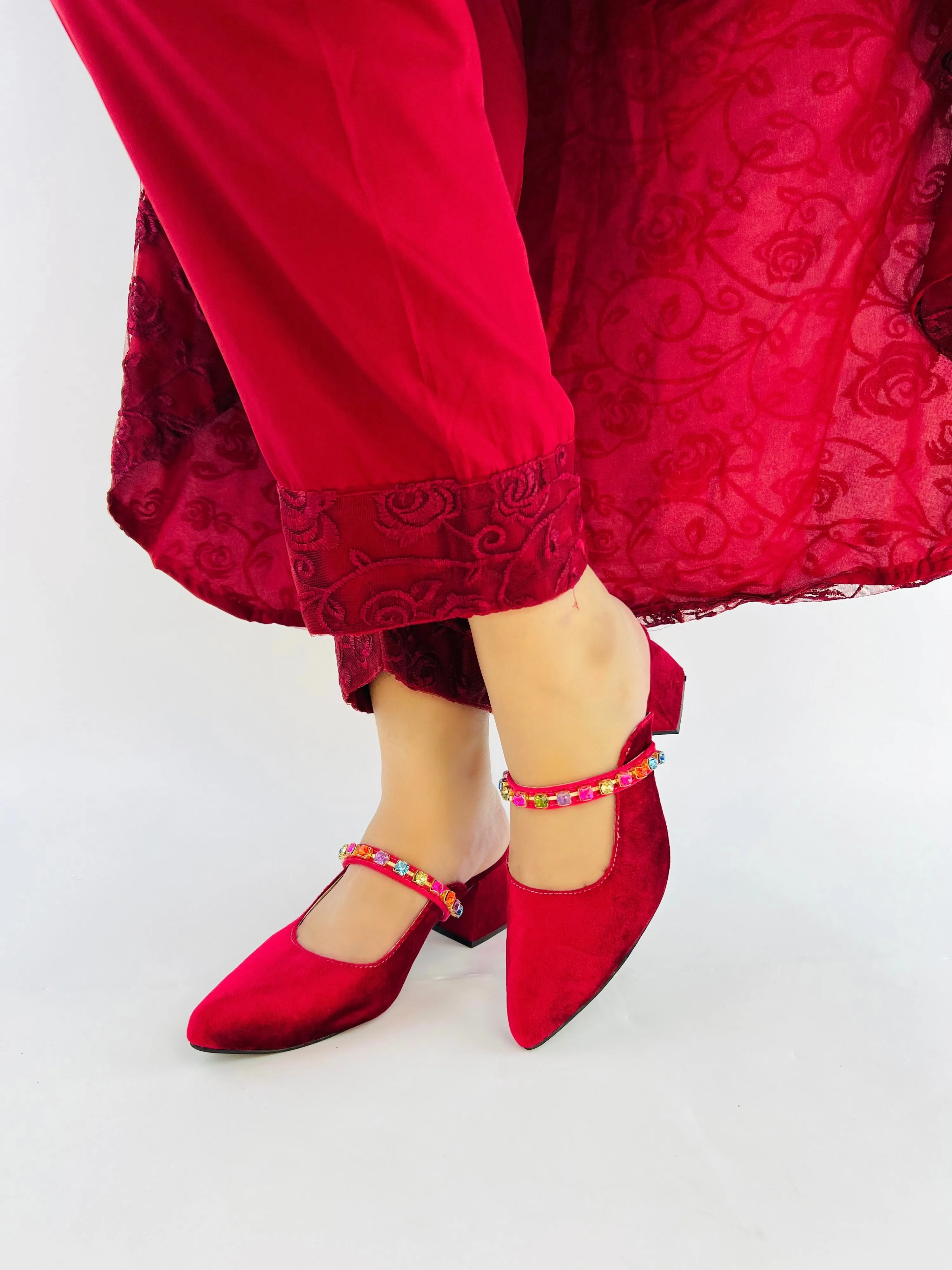 Spunkz Gemstone Straps Women Maroon Velvet Mules for Winter