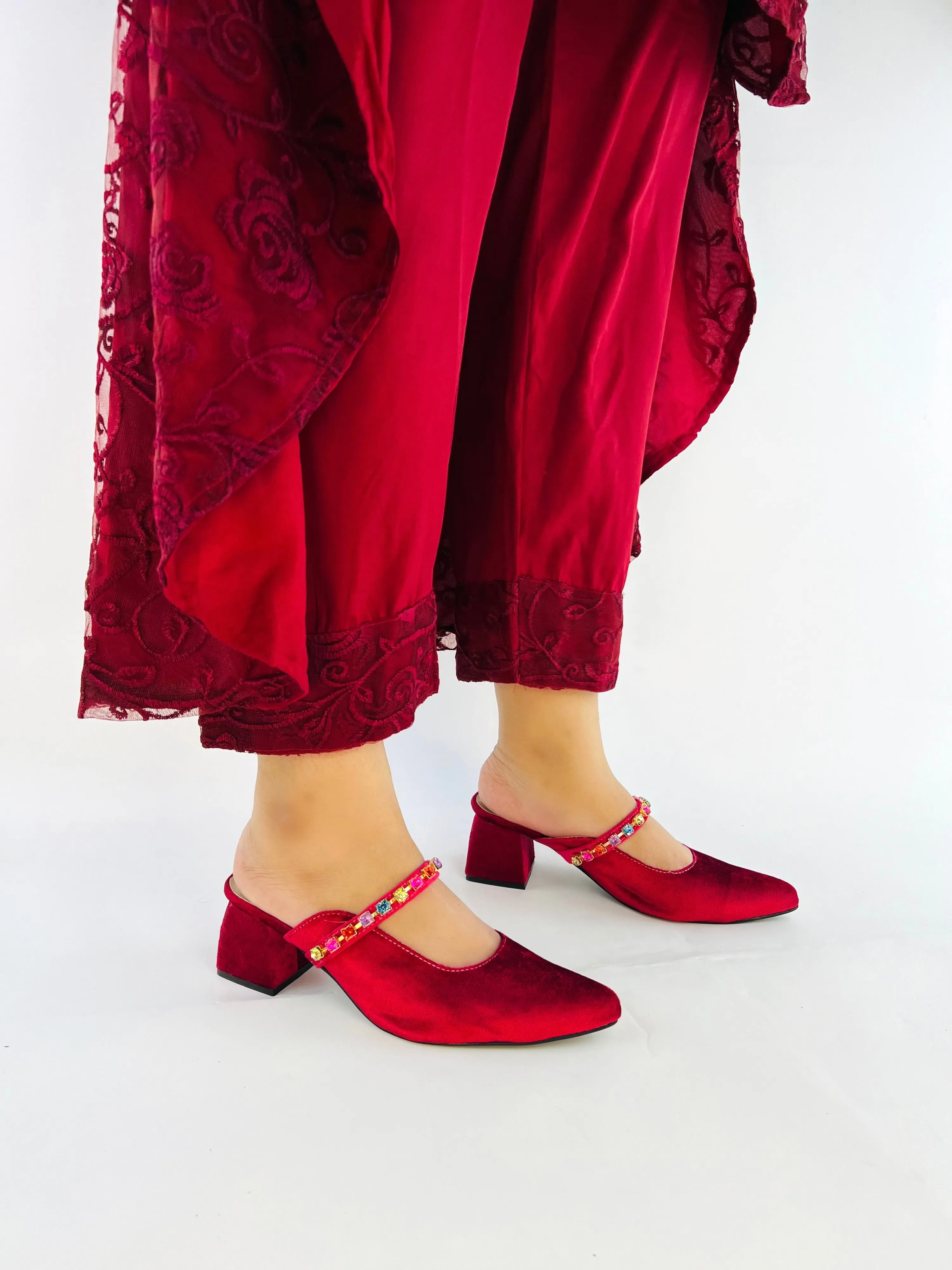 Spunkz Gemstone Straps Women Maroon Velvet Mules for Winter