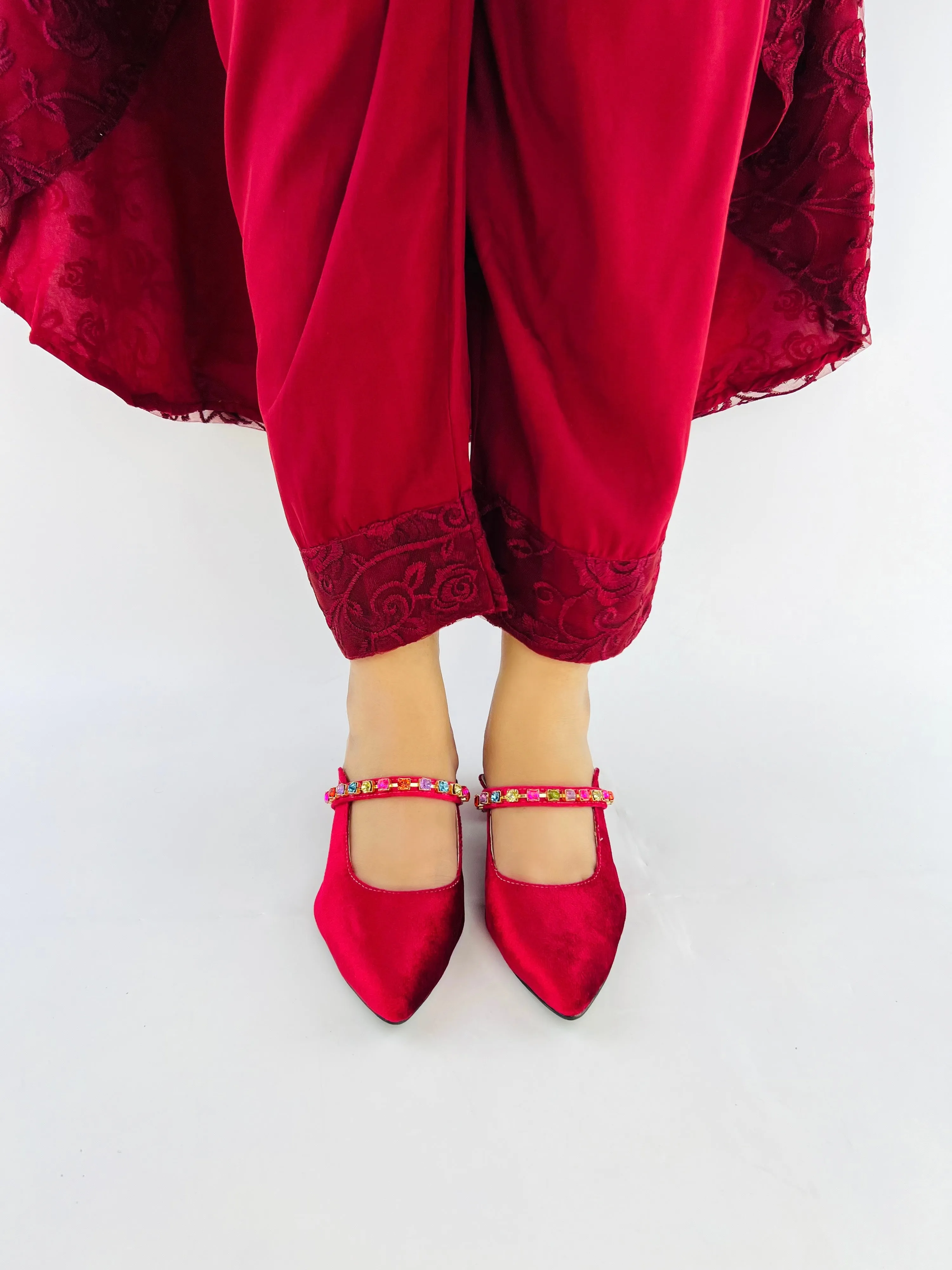Spunkz Gemstone Straps Women Maroon Velvet Mules for Winter