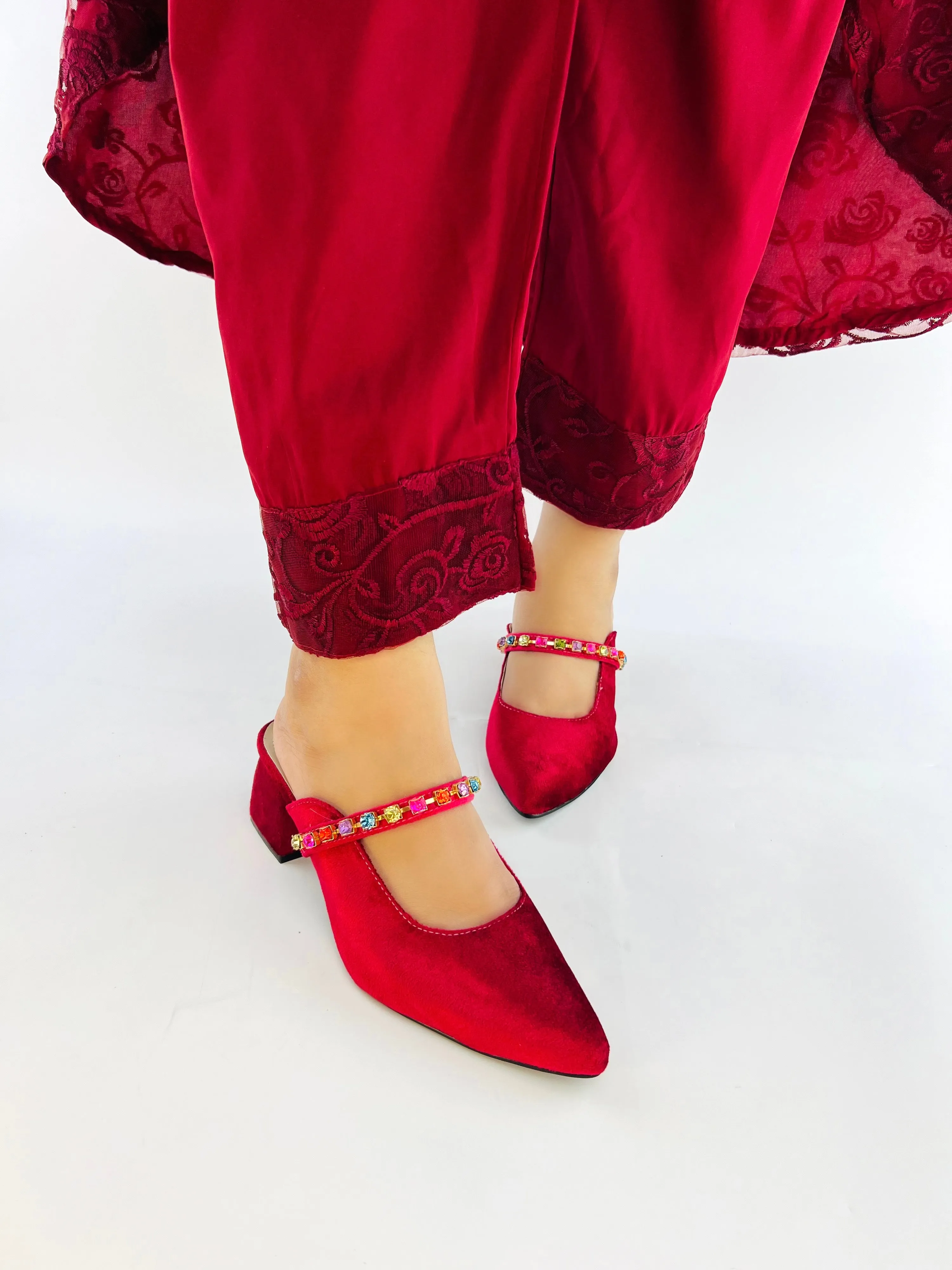 Spunkz Gemstone Straps Women Maroon Velvet Mules for Winter