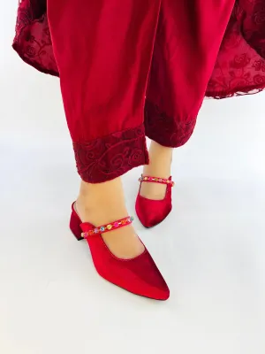 Spunkz Gemstone Straps Women Maroon Velvet Mules for Winter