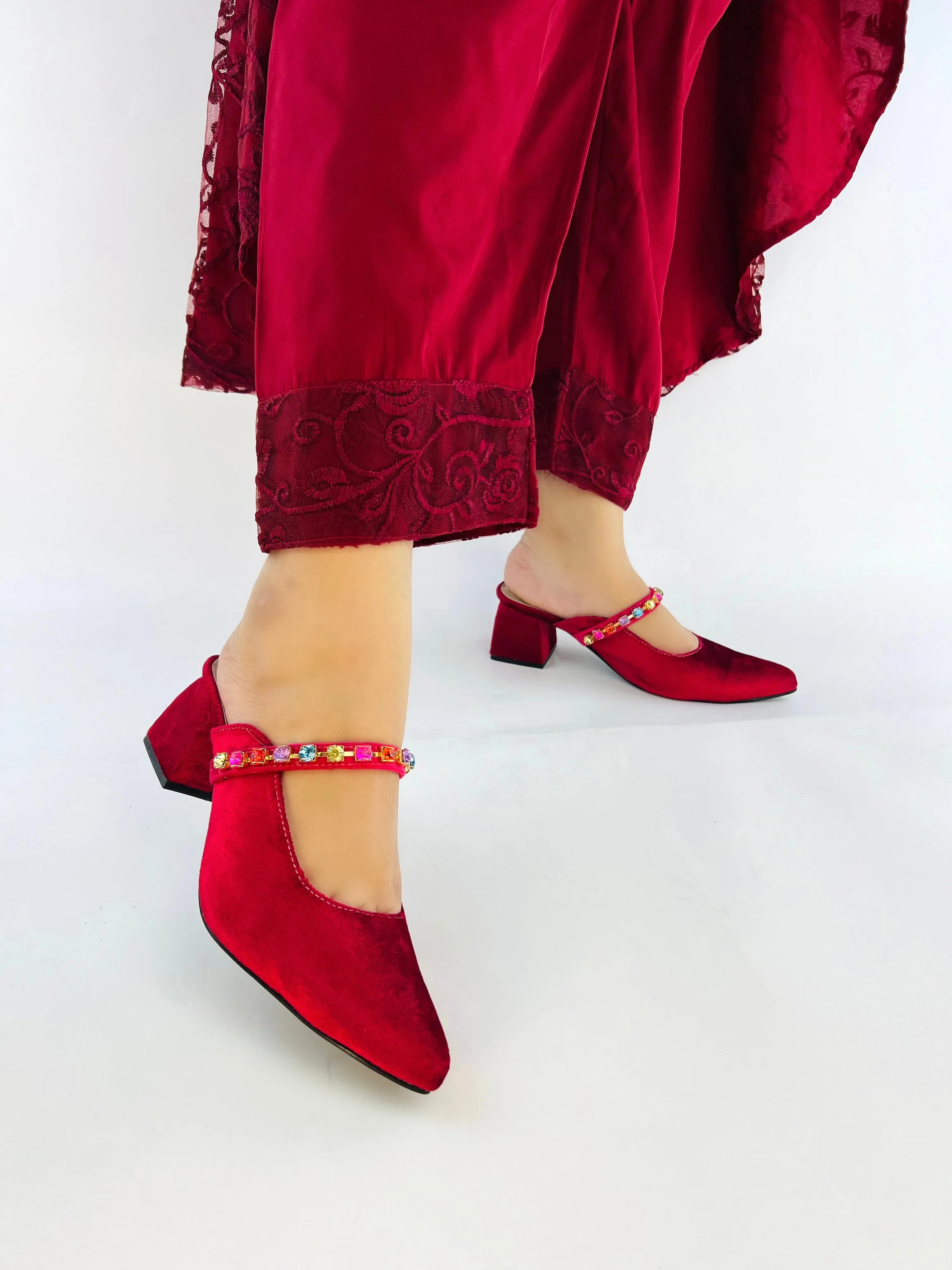 Spunkz Gemstone Straps Women Maroon Velvet Mules for Winter