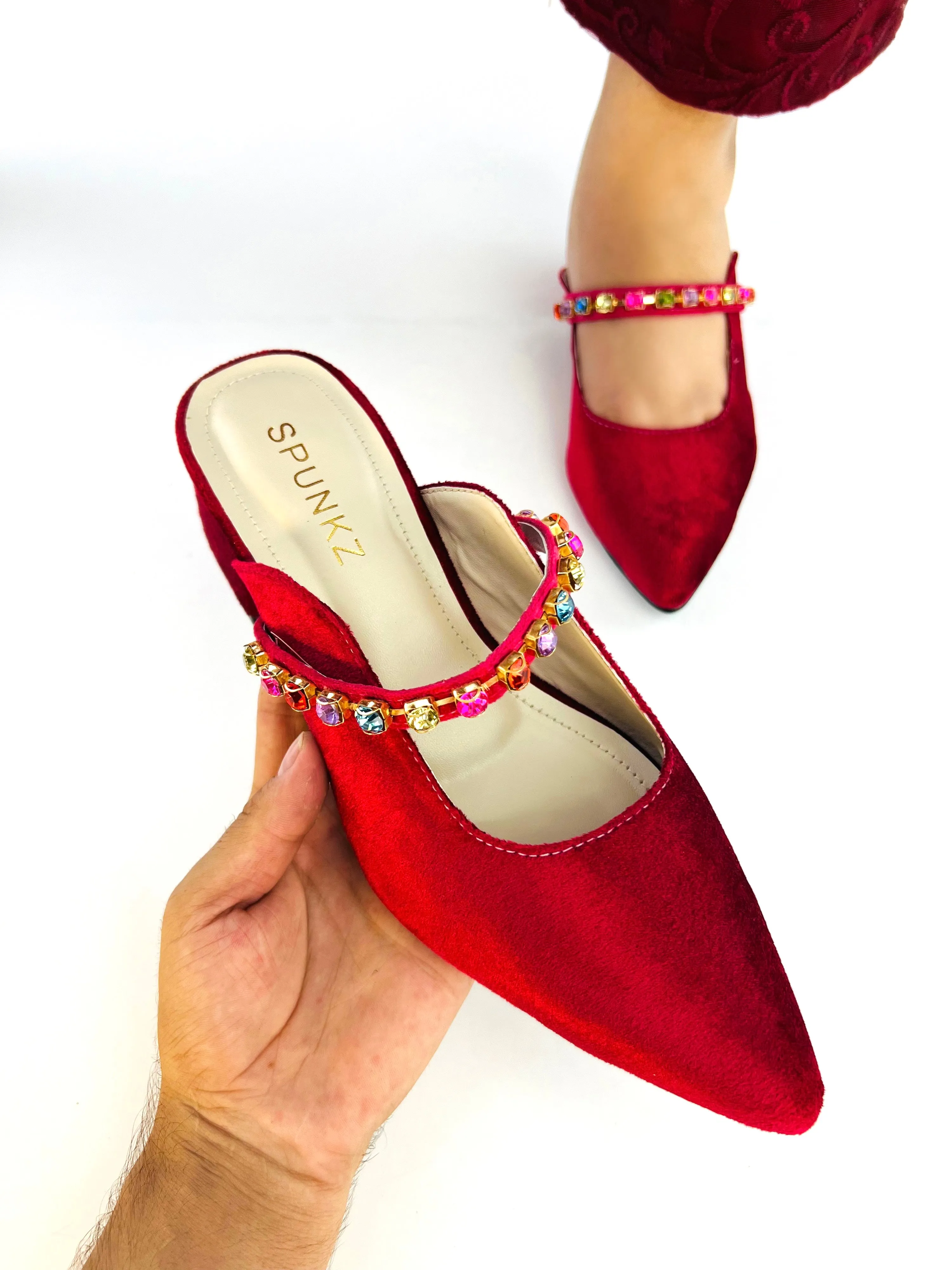 Spunkz Gemstone Straps Women Maroon Velvet Mules for Winter