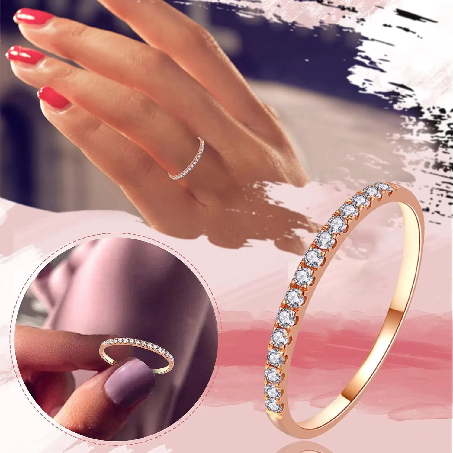 Stackable Wedding Band for Women,Gold Plated Cubic Zirconia Diamond Engagement Anniversary Ring Eternity Promise Ring for Her