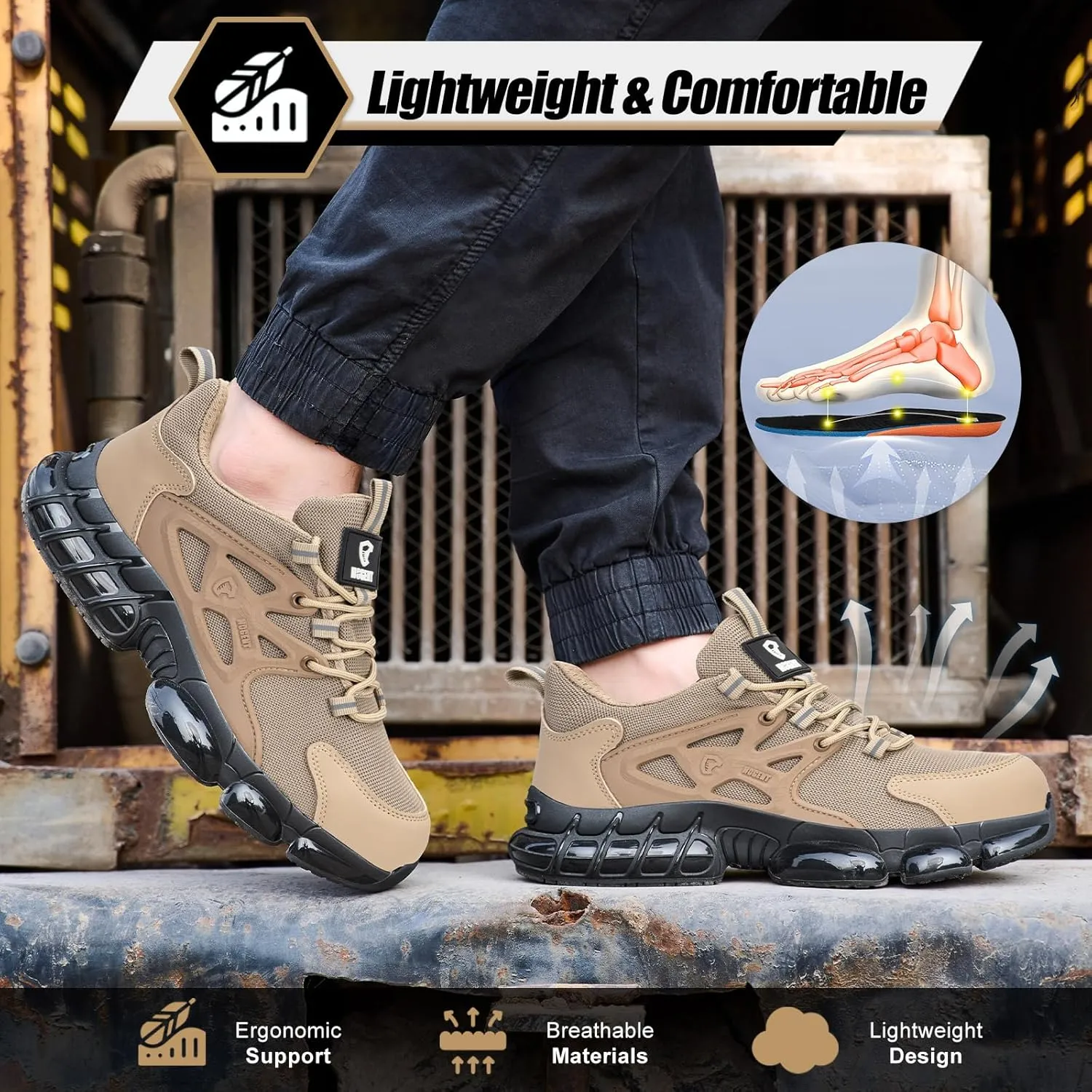 Steel Toe Shoes for Men Women Composite Toe Work Sneakers Indestructible Safety Tennis Shoes Lightweight Breathable Construction Sneakers Puncture Proof Air Cushion Ergonomic Design
