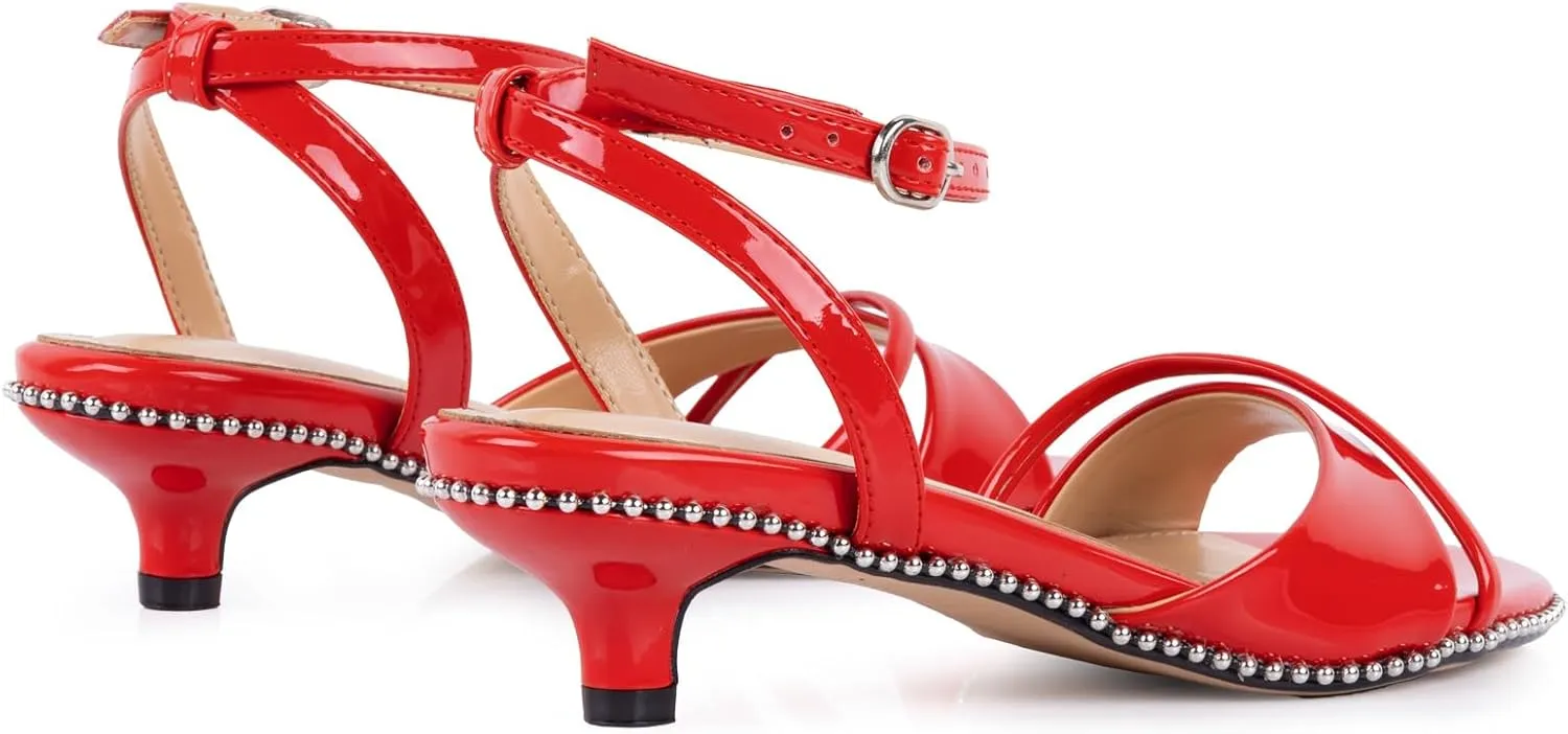 Strappy Heeled Sandals For Women Trendy Kitten Heels Beaded Sandal With Ankle Strap Round Open Toe Comfortable Low Heel Summer Shoes For Work Wedding Dressy