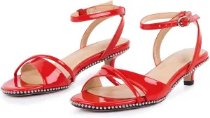 Strappy Heeled Sandals For Women Trendy Kitten Heels Beaded Sandal With Ankle Strap Round Open Toe Comfortable Low Heel Summer Shoes For Work Wedding Dressy