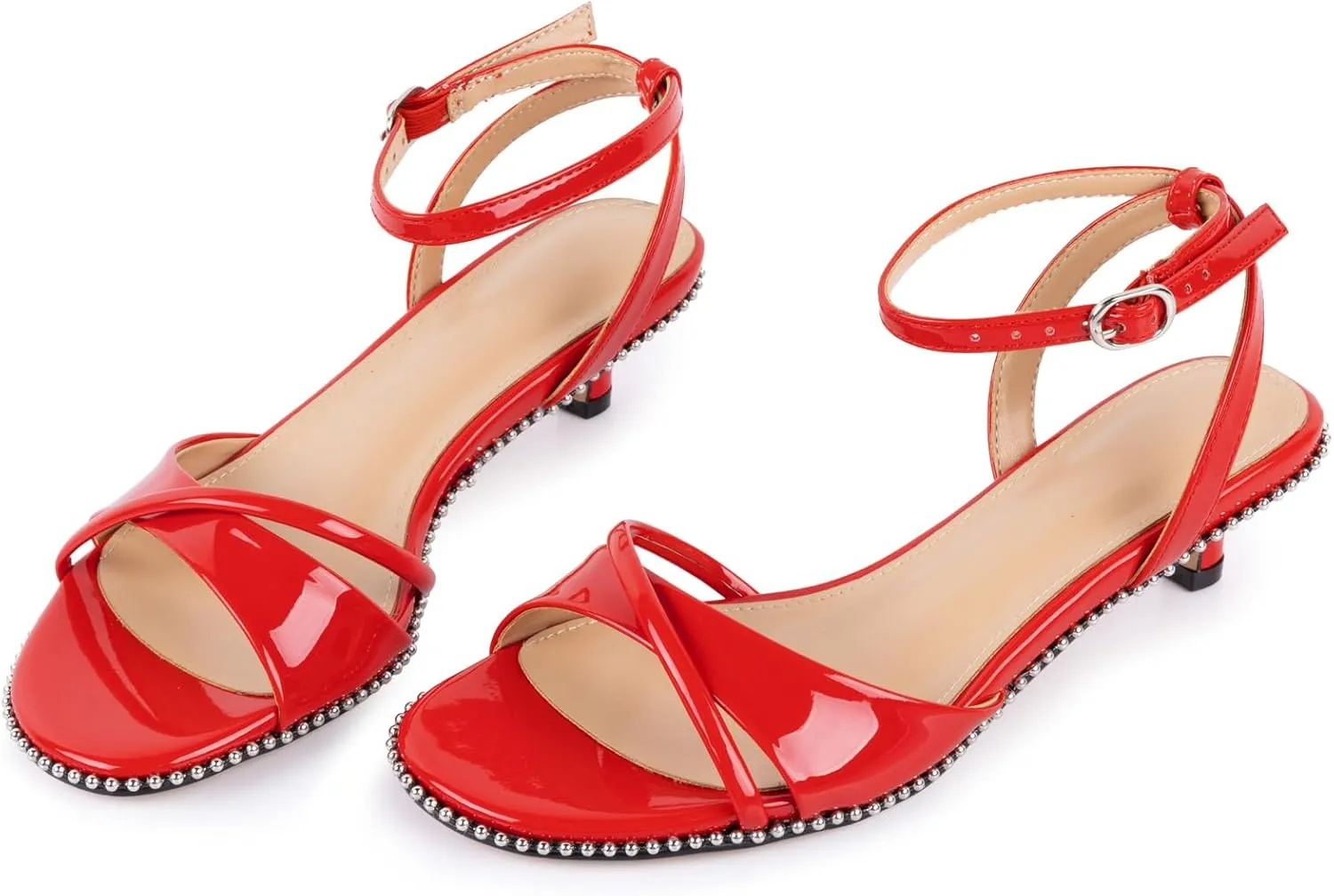 Strappy Heeled Sandals For Women Trendy Kitten Heels Beaded Sandal With Ankle Strap Round Open Toe Comfortable Low Heel Summer Shoes For Work Wedding Dressy