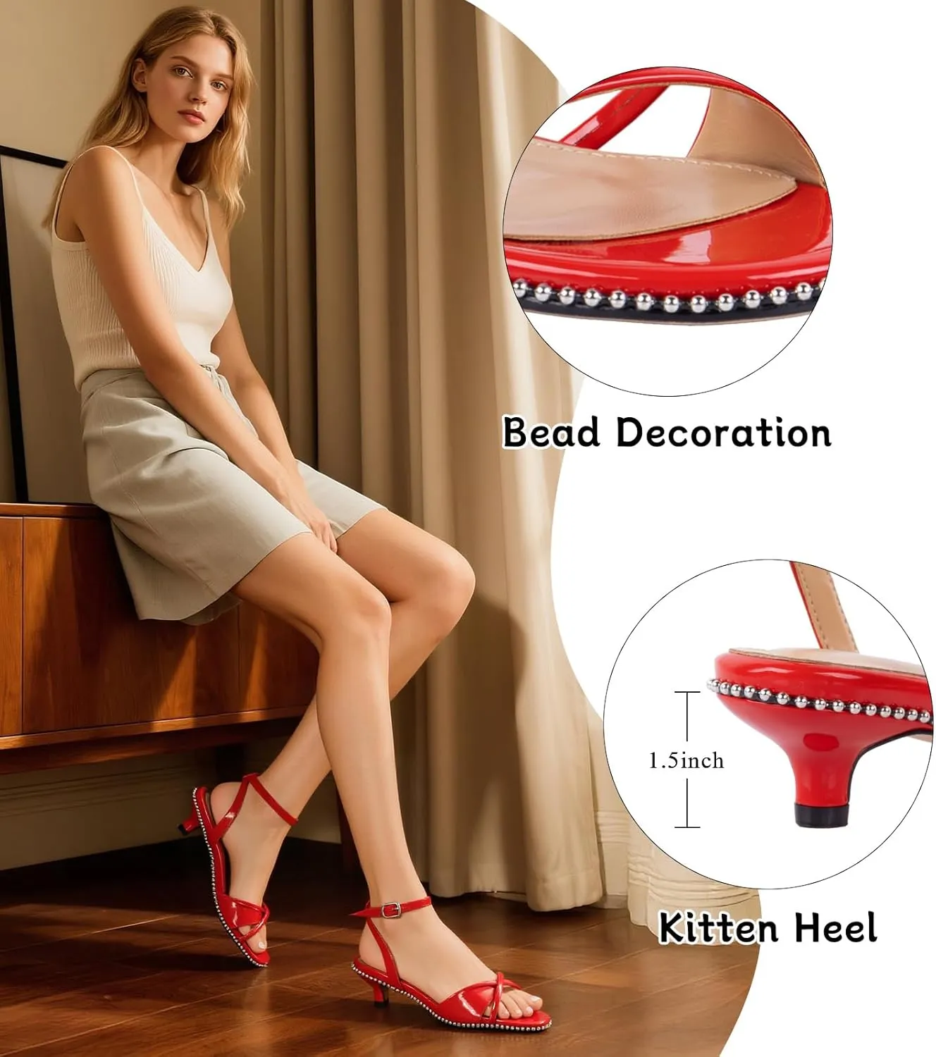 Strappy Heeled Sandals For Women Trendy Kitten Heels Beaded Sandal With Ankle Strap Round Open Toe Comfortable Low Heel Summer Shoes For Work Wedding Dressy