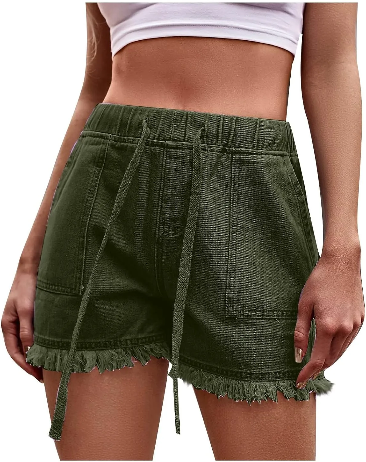 Stretchy Jean Shorts for Women Casual Baggy Trendy Denim Shorts Elastic Waist Drawstring Tassel Hem Short Pants