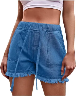 Stretchy Jean Shorts for Women Casual Baggy Trendy Denim Shorts Elastic Waist Drawstring Tassel Hem Short Pants
