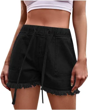 Stretchy Jean Shorts for Women Casual Baggy Trendy Denim Shorts Elastic Waist Drawstring Tassel Hem Short Pants