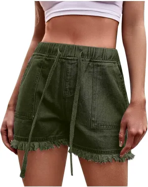 Stretchy Jean Shorts for Women Casual Baggy Trendy Denim Shorts Elastic Waist Drawstring Tassel Hem Short Pants