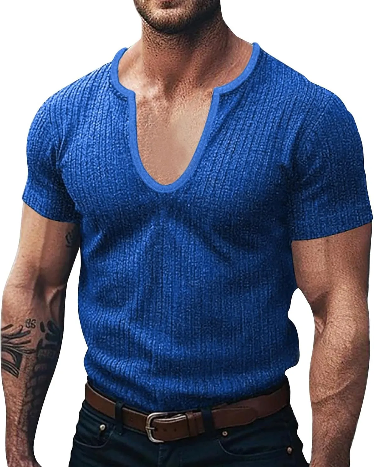Striped Texture T-Shirts for Men Ribbed Knit Casual Tees Short Sleeve V Neck Shirts Gym Bodybuilding Tops