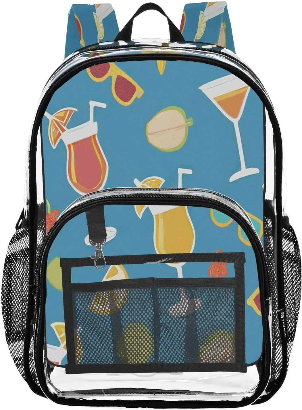 Summer Drinks Print Clear Backpack with Back Print, Heavy Duty See Through Backpacks PVC Transparent Daypack for Travel Security