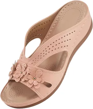 Summer Sandals for Women Arch Support Orthopedic Sandals Slip On Platform Wedge Sandal Fashion Flowers Decoration Slipper Comfortable Vacation Boho Beach Slippers Dressy Casual Outdoors Shoes