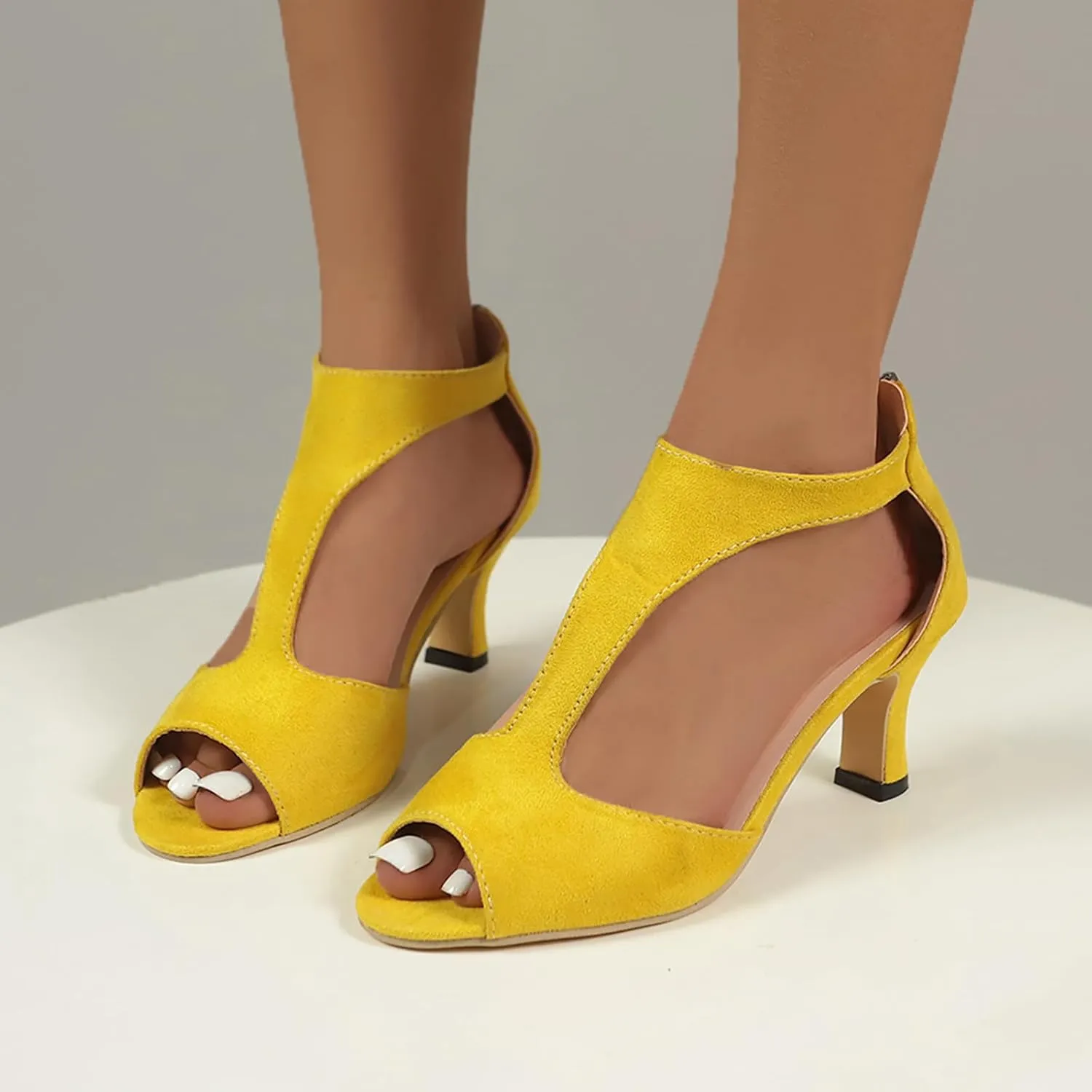 Summer Sandals for Women Open Toe Stiletto Heels T-Strap Dress Shoes Cutout Low Kitten Heeled Back Zip Retro Pumps