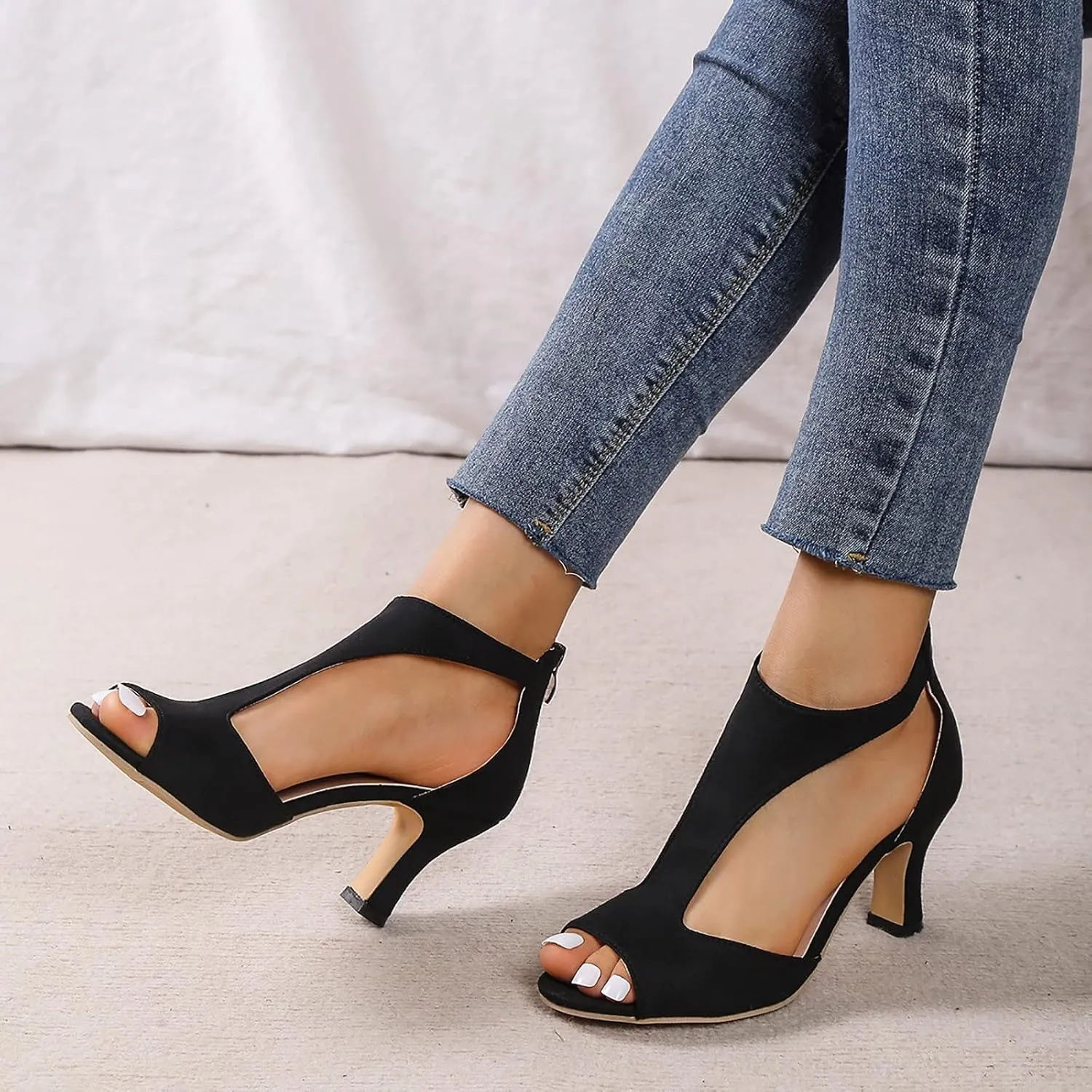 Summer Sandals for Women Open Toe Stiletto Heels T-Strap Dress Shoes Cutout Low Kitten Heeled Back Zip Retro Pumps
