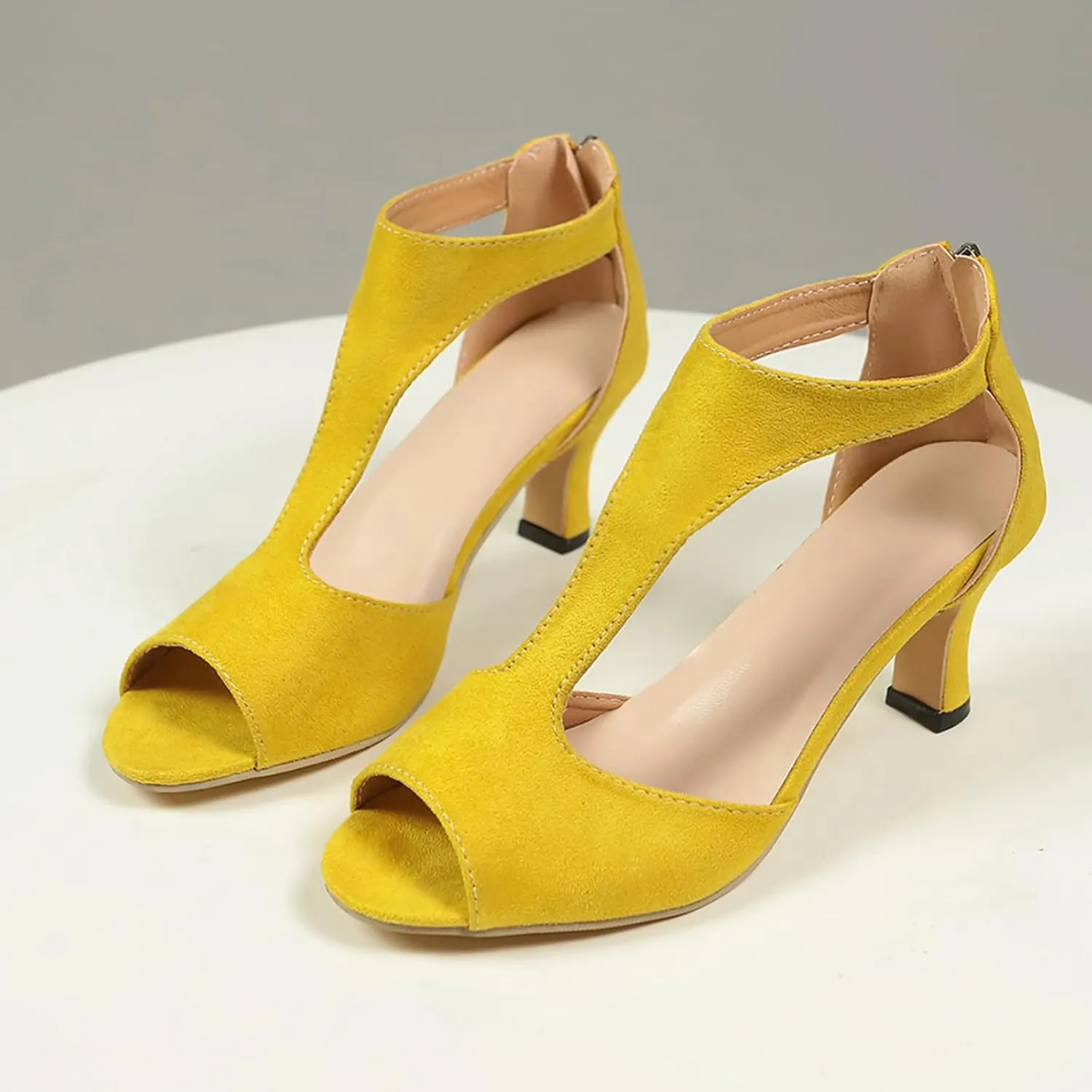Summer Sandals for Women Open Toe Stiletto Heels T-Strap Dress Shoes Cutout Low Kitten Heeled Back Zip Retro Pumps