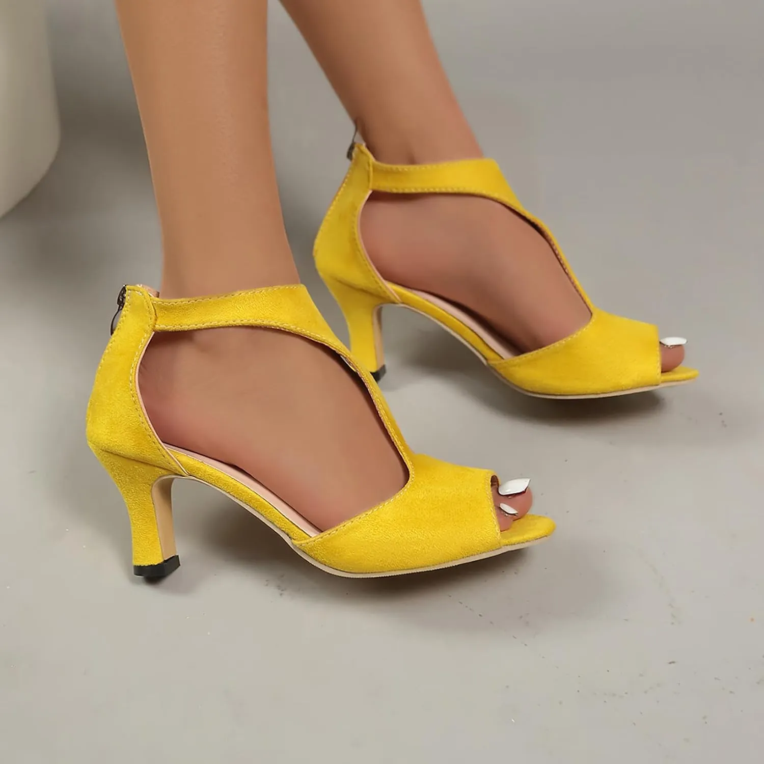 Summer Sandals for Women Open Toe Stiletto Heels T-Strap Dress Shoes Cutout Low Kitten Heeled Back Zip Retro Pumps