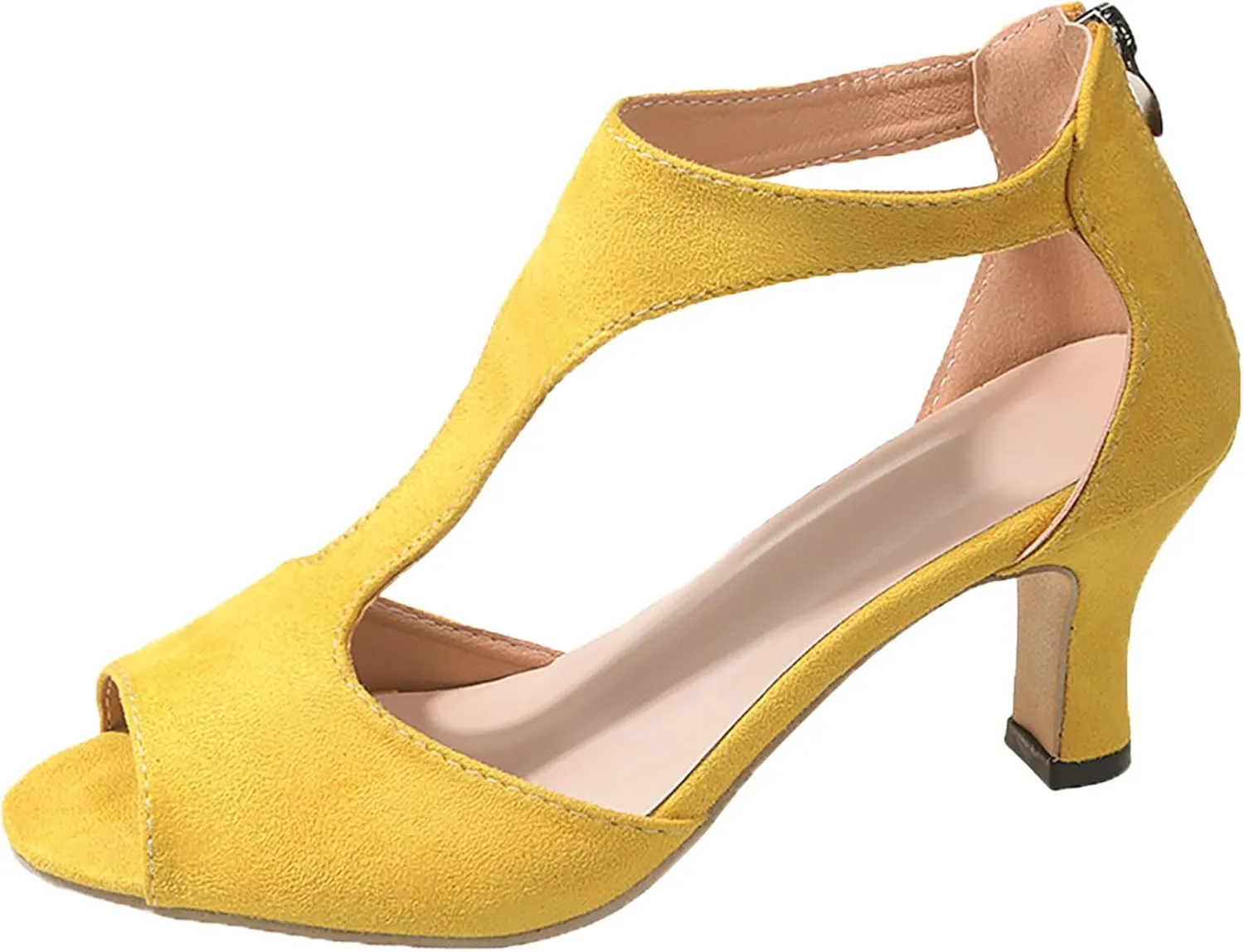 Summer Sandals for Women Open Toe Stiletto Heels T-Strap Dress Shoes Cutout Low Kitten Heeled Back Zip Retro Pumps