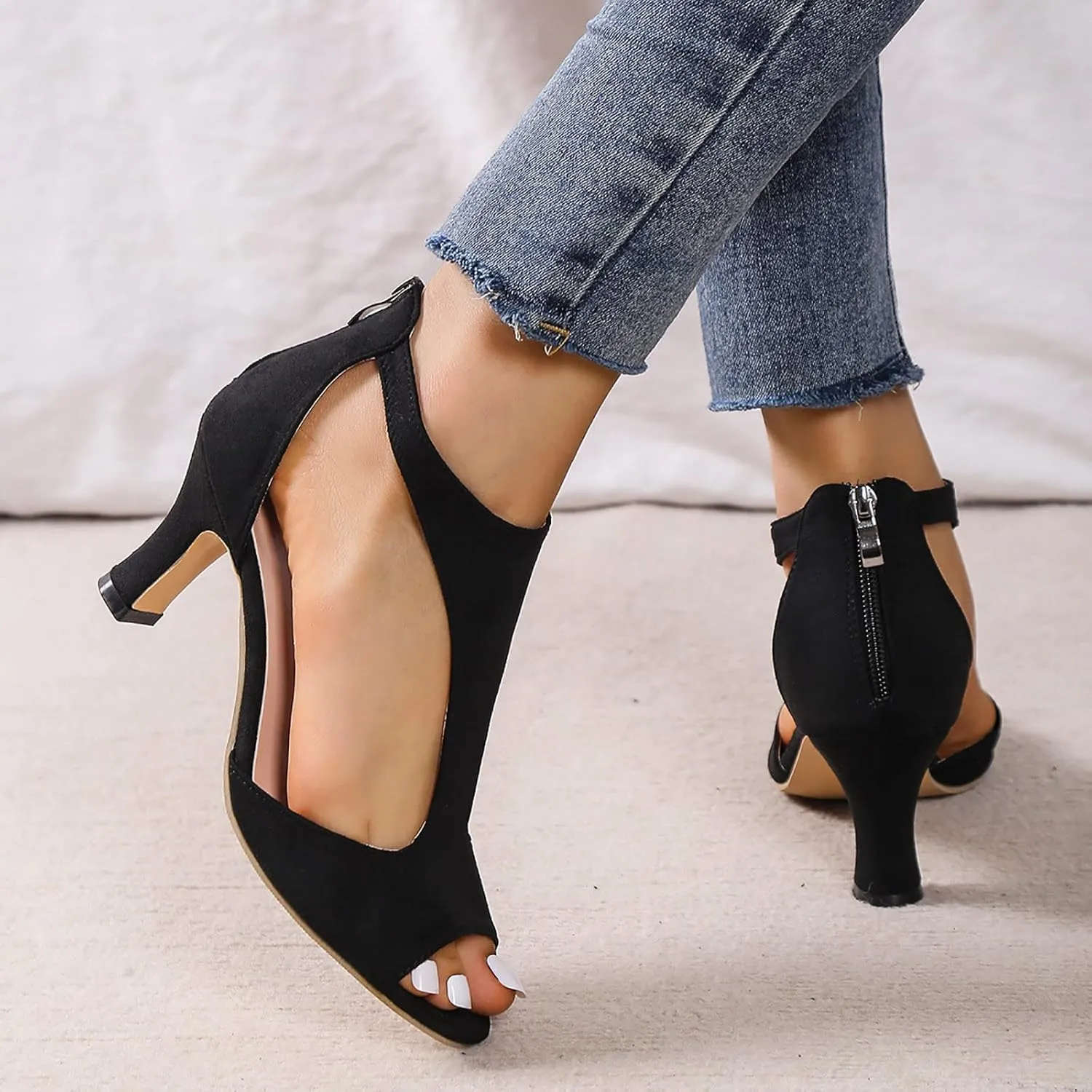 Summer Sandals for Women Open Toe Stiletto Heels T-Strap Dress Shoes Cutout Low Kitten Heeled Back Zip Retro Pumps
