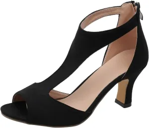 Summer Sandals for Women Open Toe Stiletto Heels T-Strap Dress Shoes Cutout Low Kitten Heeled Back Zip Retro Pumps