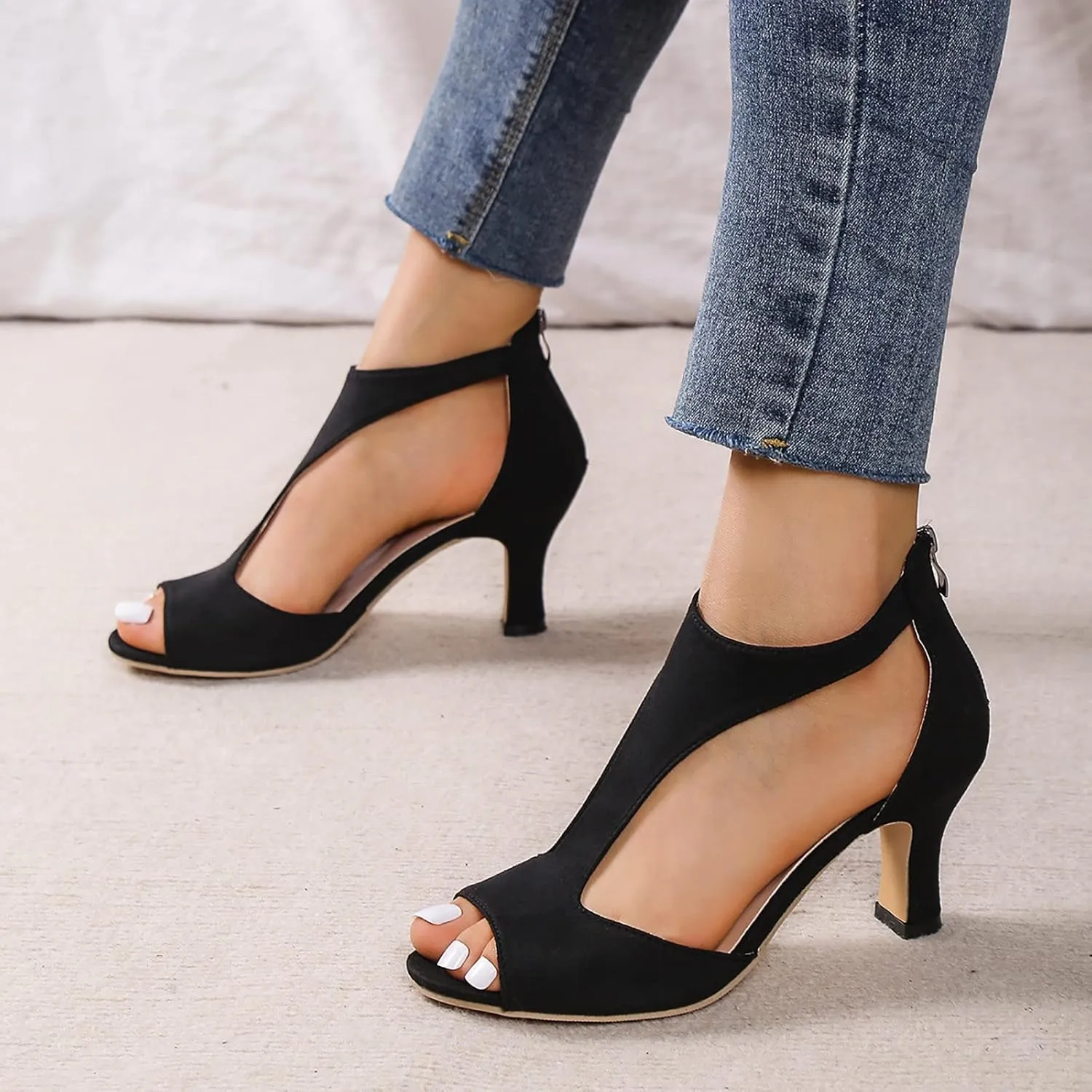 Summer Sandals for Women Open Toe Stiletto Heels T-Strap Dress Shoes Cutout Low Kitten Heeled Back Zip Retro Pumps