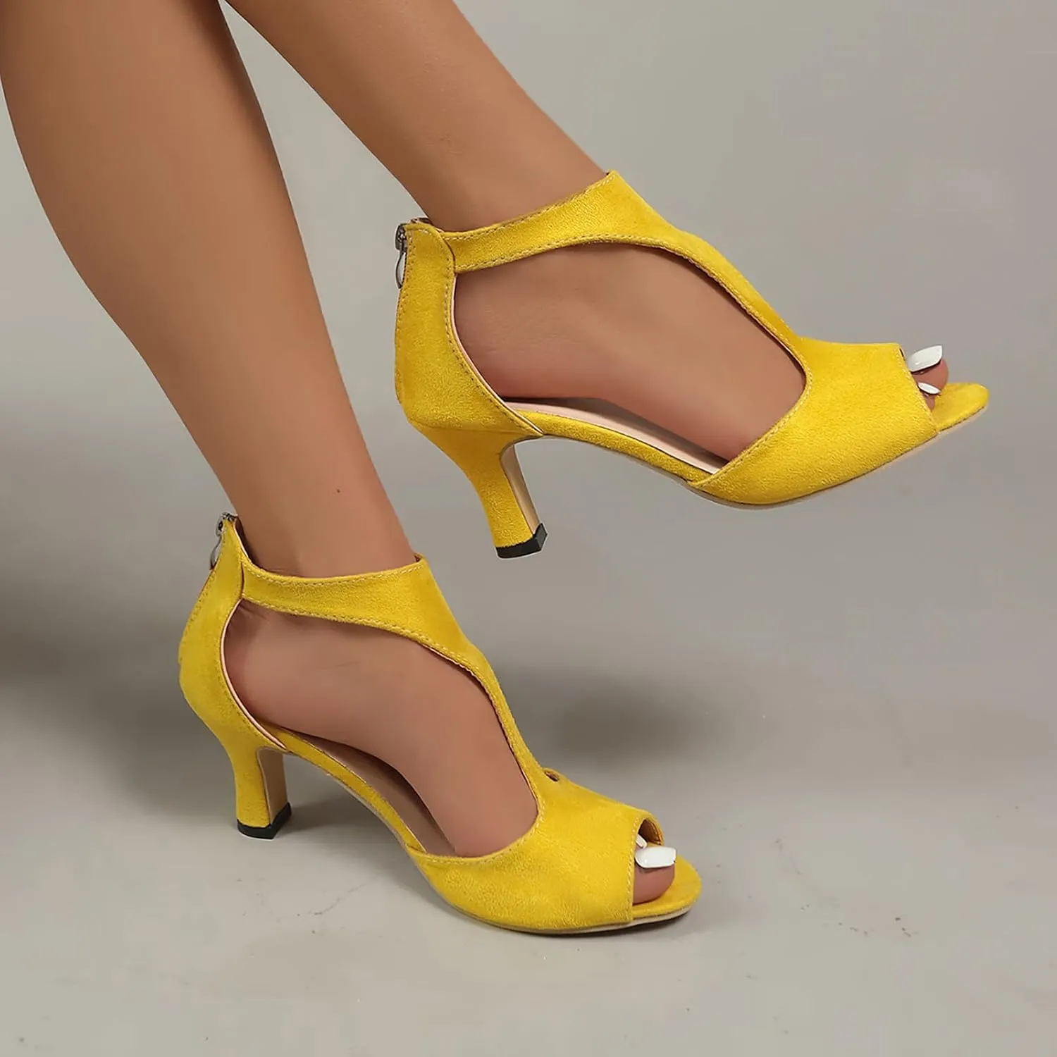 Summer Sandals for Women Open Toe Stiletto Heels T-Strap Dress Shoes Cutout Low Kitten Heeled Back Zip Retro Pumps