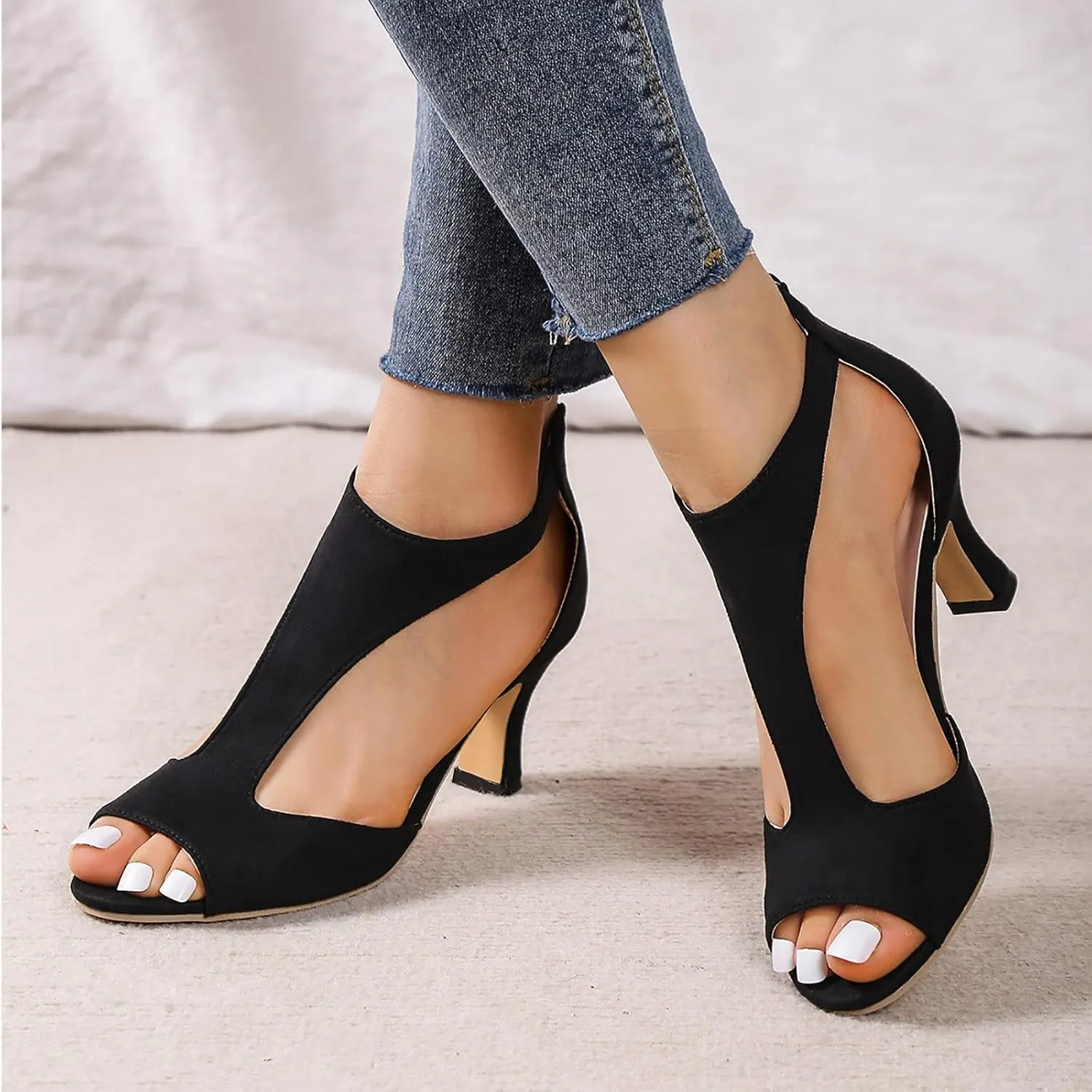 Summer Sandals for Women Open Toe Stiletto Heels T-Strap Dress Shoes Cutout Low Kitten Heeled Back Zip Retro Pumps