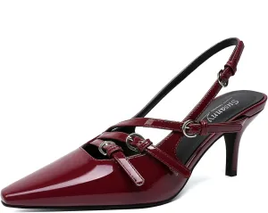 Susanny Burgundy Patent Slingback Kitten Heels for Women Closed Pointed Toe Strappy Dress Pumps Comfortable Stiletto Low Heels Sexy Buckle Strap Dressy Slip On Shoes for Wedding Bridal Work