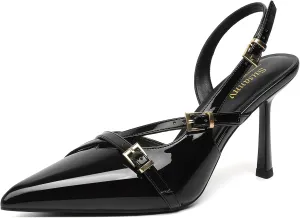 Susanny Slingback Heels for Women Closed Pointed Toe Strappy Dress Pumps Comfortable Stiletto Kitten Heels Sexy Buckle Strap Dressy Slip On Shoes for Wedding Bridal Party Work