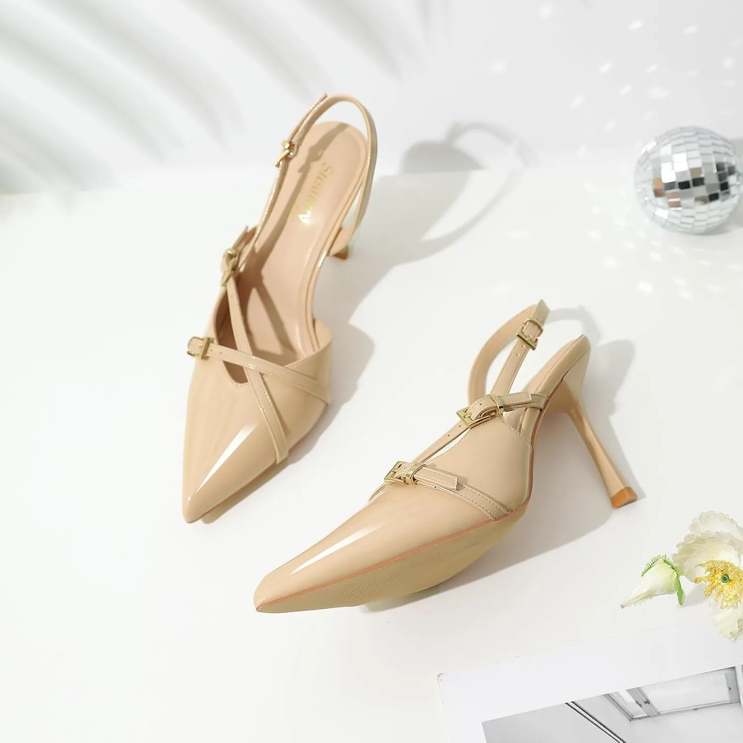 Susanny Slingback Heels for Women Closed Pointed Toe Strappy Dress Pumps Comfortable Stiletto Kitten Heels Sexy Buckle Strap Dressy Slip On Shoes for Wedding Bridal Party Work