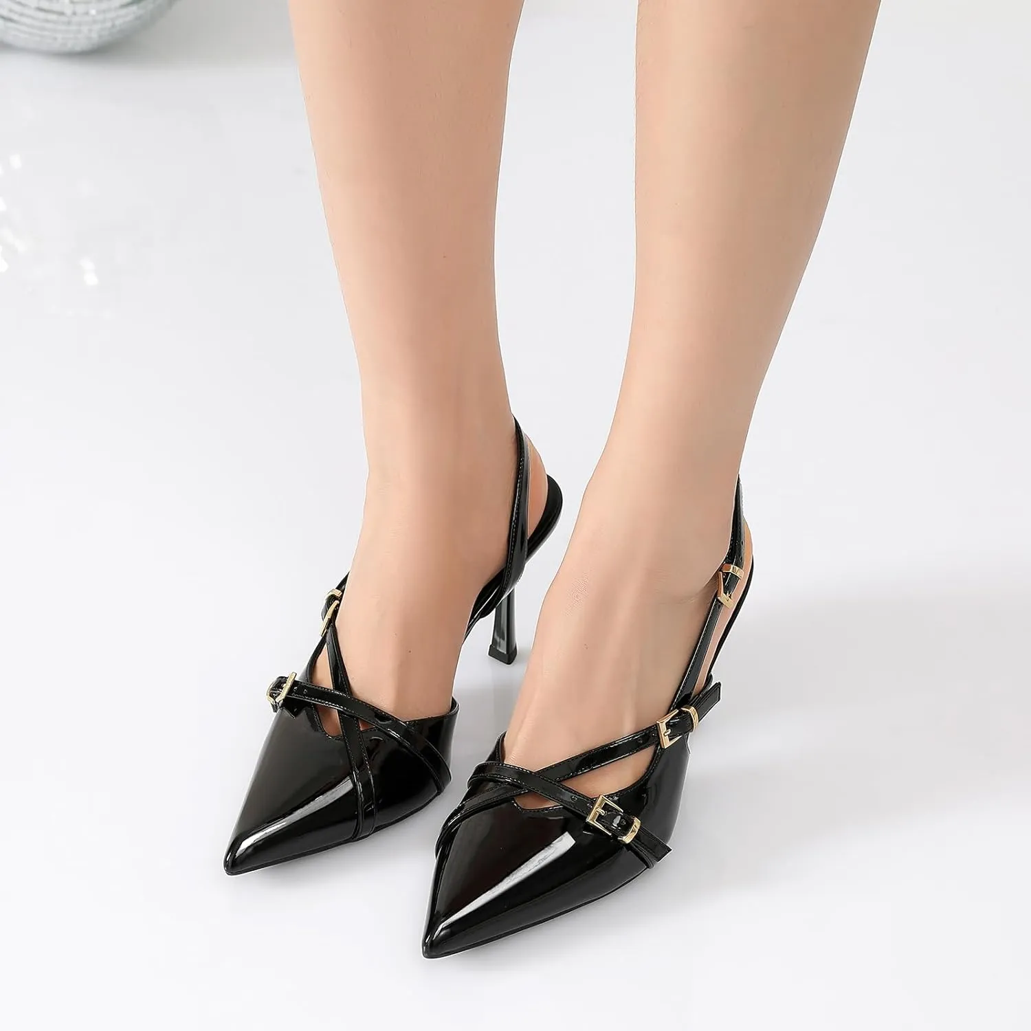Susanny Slingback Heels for Women Closed Pointed Toe Strappy Dress Pumps Comfortable Stiletto Kitten Heels Sexy Buckle Strap Dressy Slip On Shoes for Wedding Bridal Party Work